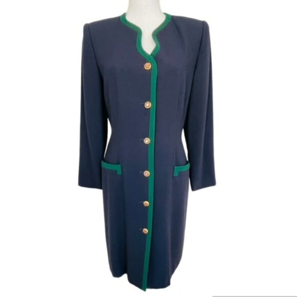 Vintage Kasper for A.S.L. Classic Coat Dress Navy Forest Green 8 Petite - Picture 1 of 10